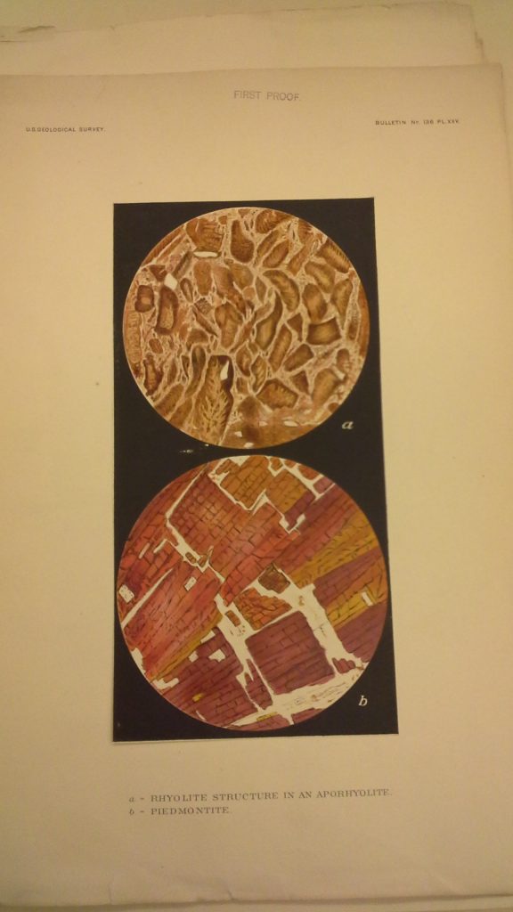 Illustrations of microscope slides of "rhyolite structure in an aporhyolite" and "piedmontite."