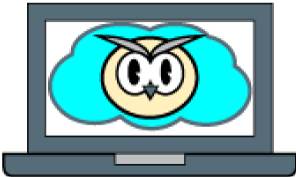 A yellow owl head inside of a blue cloud, inside of a laptop.