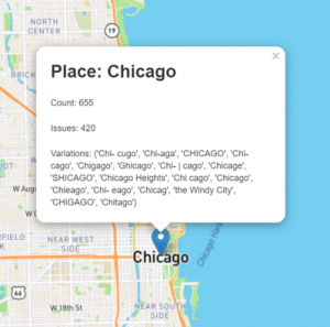 A map showing Chicago. Count: 655, Issues: 420, several spelling variations.
