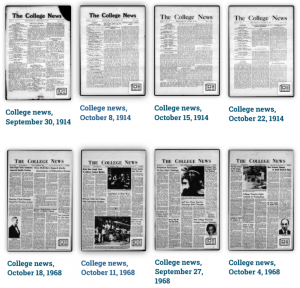 Eight thumbnails showing issues of The College News: 9/30/1914, 10/8/1914, 10/15/1914, 10/22/1914, 10/18/1968, 10/11/1968, 9/27/1968, 10/4/1968