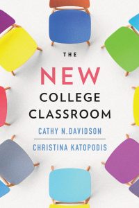 Cover image of The New College Classroom book. The title and authors are printed in the center and encircled by an aerial view of multicolored classroom chairs.